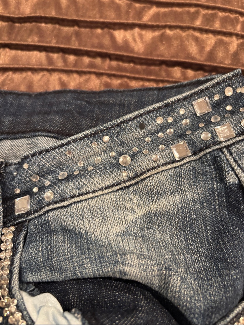 Machine Rhinestone-Embellished Ripped Jeans - Picture 3 of 9